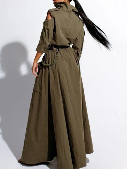 Robe longue rétro à épaules dénudées pour femme – Col rabattu et taille haute