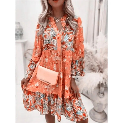Boho V-Neck A-Line Dress – Summer Loose Printed Beach Party Dress