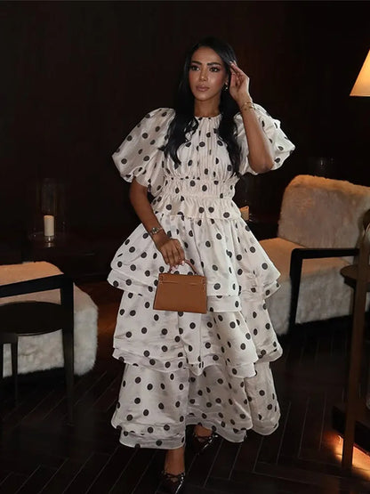 Polka Dot Maxi Dress – Elegant Square Neck Sleeveless High Waist Gown