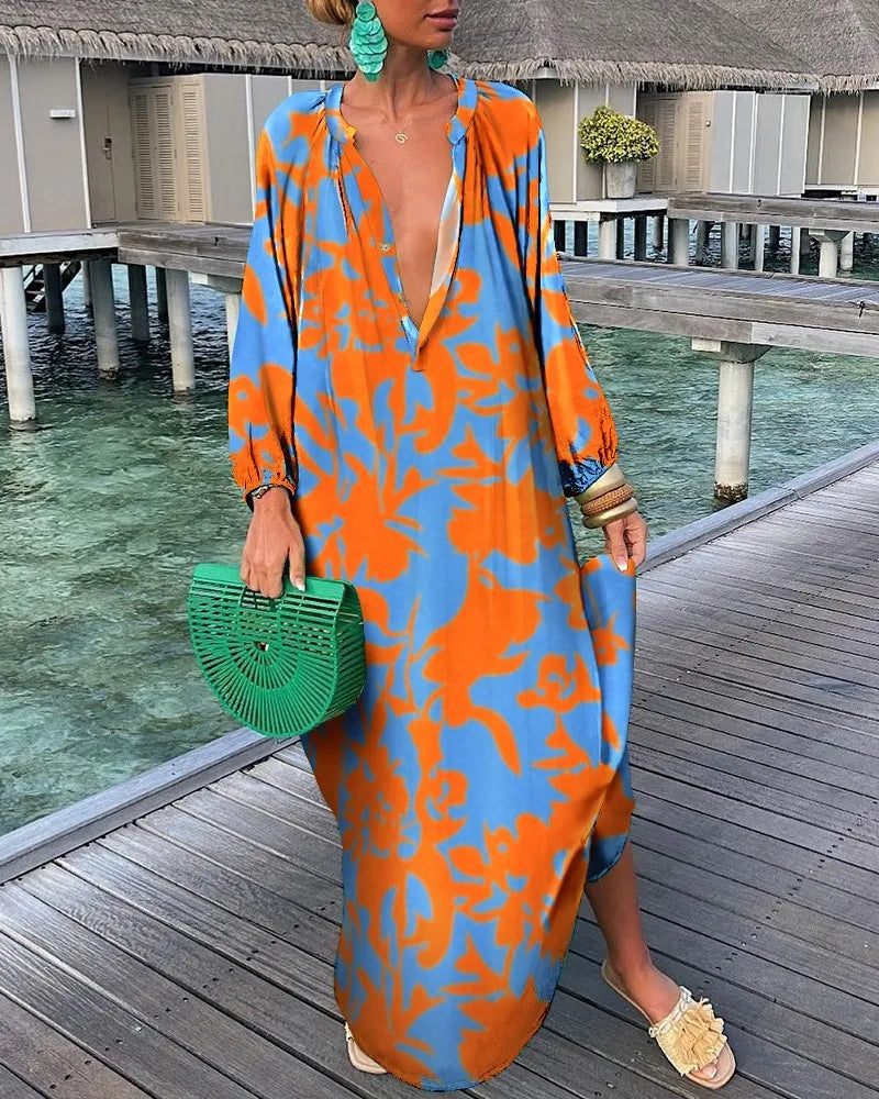 Elegante vestido largo con escote en V para mujer: vestido bohemio informal para vacaciones de verano.