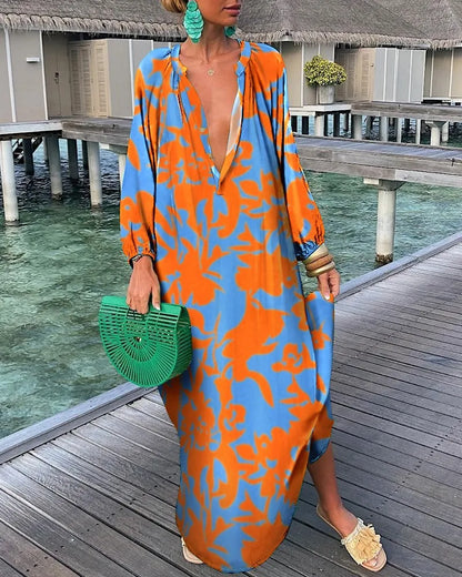 Elegante vestido largo con escote en V para mujer: vestido bohemio informal para vacaciones de verano.