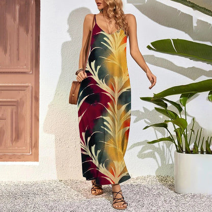 Robe longue grande taille à imprimé plumes – Robe d'été trapèze sans bretelles avec poches