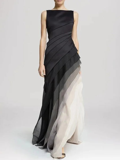 Gradient Patchwork Women’s Party Dress – Boat Neck Sleeveless Pleated A-Line Gown