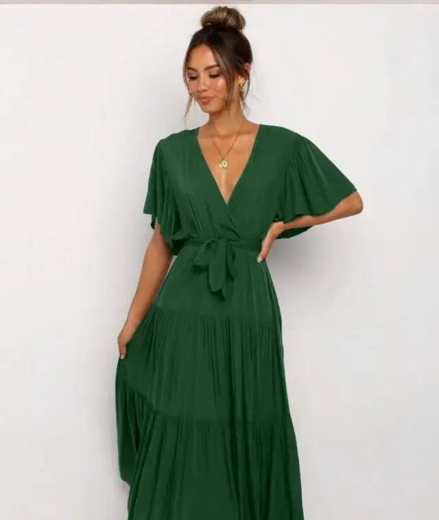 Robe à volants tendance pour femme, couleur unie, col en V sexy et manches à lacets