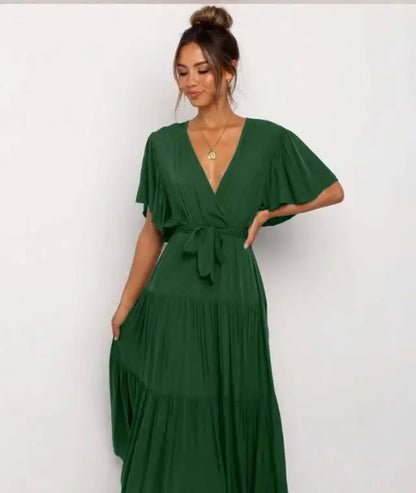 Robe à volants tendance pour femme, couleur unie, col en V sexy et manches à lacets