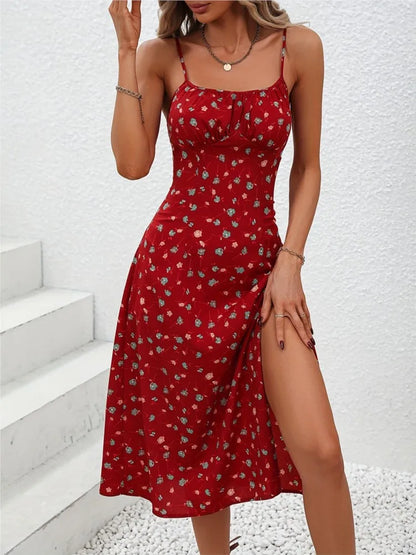 Robe mi-longue d'été à pois – Robe de plage sexy sans manches à bretelles spaghetti pour femme