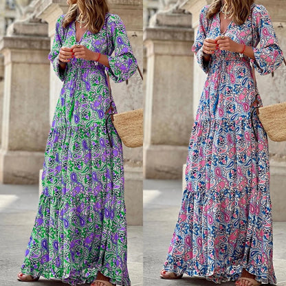 Elegant Women’s Flower Long Dress – Spring Bohemian Printed Abiye Dress