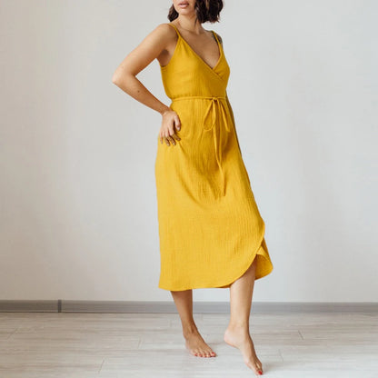 Vintage Women’s 100% Cotton Crepe Gauze V-Neck Sleeveless Bandage Long Maxi Dress