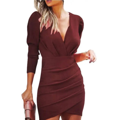 Women’s Sexy Mini Dress - V-Neck - Long Sleeve - Slim Fit - Solid Color - Pleated Party Dress - Spring Autumn Vestidos Cortos