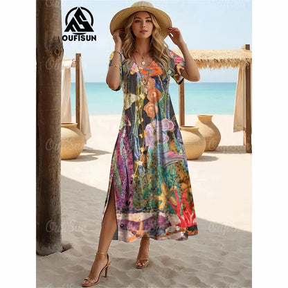 Elegant Women’s Vintage V-Neck Summer Dress – Loose Oversized Long Evening Dress