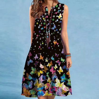 European & American Women's V-Neck Sleeveless Sexy Printed Large Hem Dress