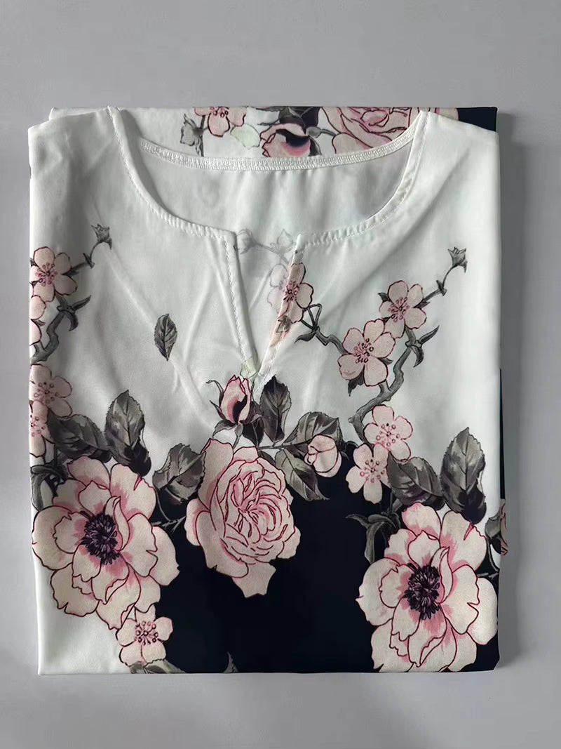 folded floral dress black with pink roses