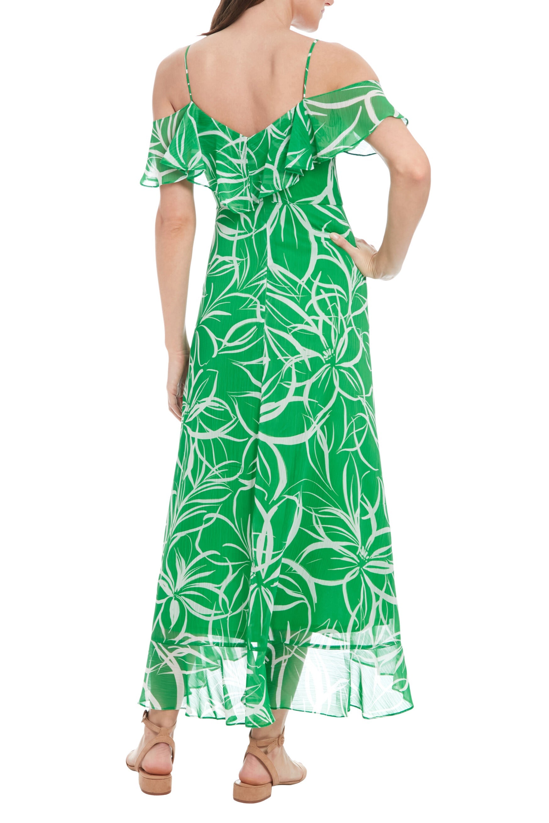 London Times Floral Ruffled Cold-Shoulder Wrap Spaghetti Thin Straps Tiered Hem Maxi Length-1