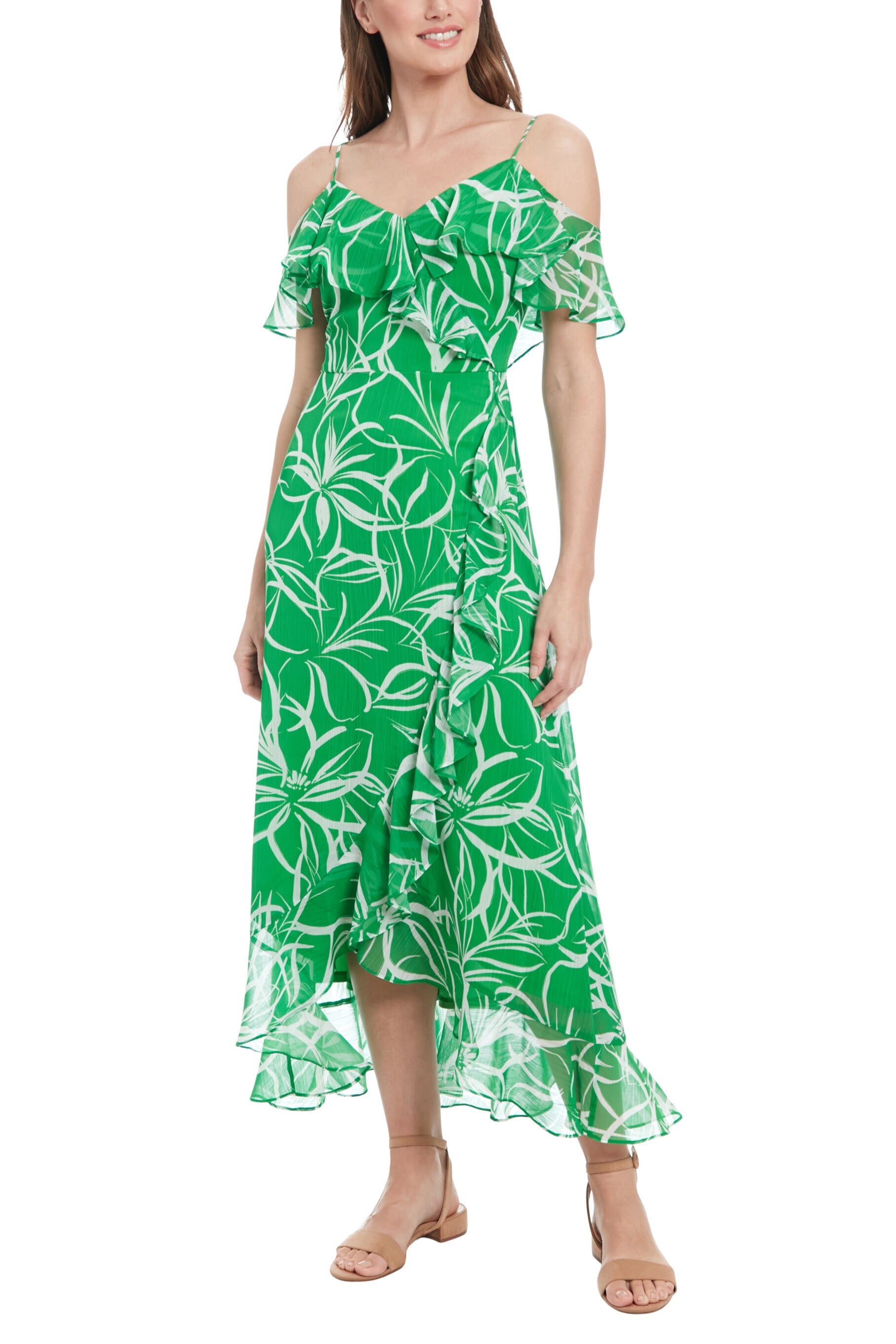 London Times Floral Ruffled Cold-Shoulder Wrap Spaghetti Thin Straps Tiered Hem Maxi Length-0