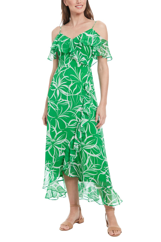 London Times Floral Ruffled Cold-Shoulder Wrap Spaghetti Thin Straps Tiered Hem Maxi Length-0