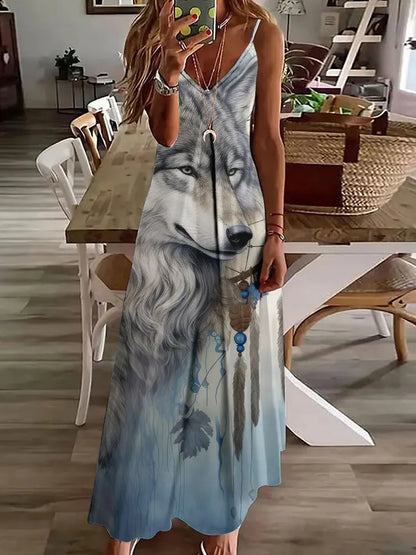 Robe longue à imprimé hibou tribal – Robe d'été vintage sans manches à bretelles spaghetti