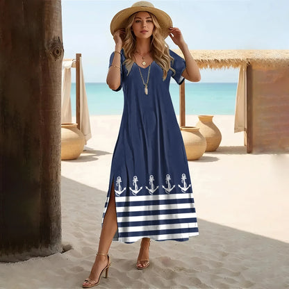 Vestido midi con estampado de ancla para mujer: elegante vestido vacacional de manga corta 