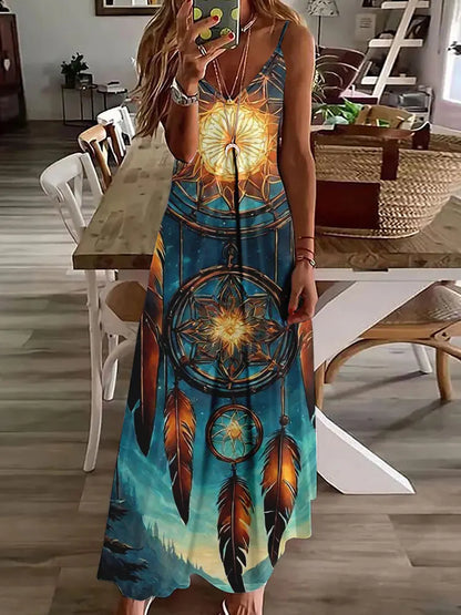 Robe longue à imprimé hibou tribal – Robe d'été vintage sans manches à bretelles spaghetti