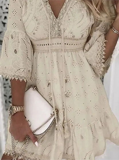 Elegant Women’s White Hollow Lace Mini Dress - Chic summer dress for women
