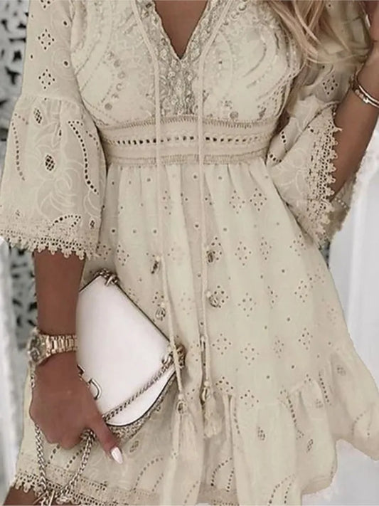 Elegant Women’s White Hollow Lace Mini Dress - Chic summer dress for women