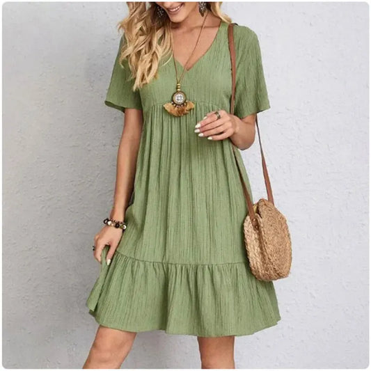 Women’s Peplum Summer Dress – V-Neck Short Sleeve Ruffle Flare Vacation Dress