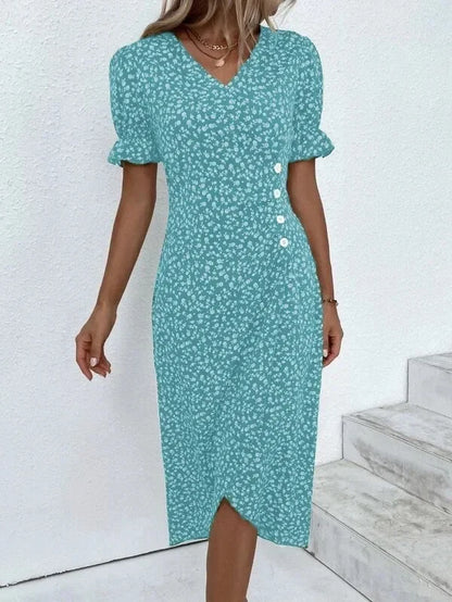 Robe midi plissée à fleurs élégante avec manches bouffantes et taille froncée