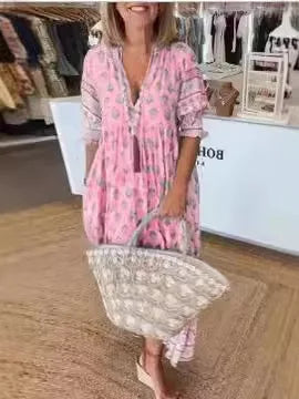 Bohemian Lantern Sleeve V-Neck Long Dress Women’s Spring Summer Beach Dress