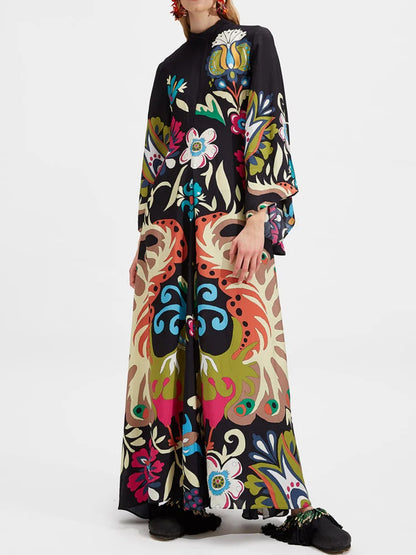 Robe imprimée élégante à col montant – Robe décontractée taille haute à manches longues et ample