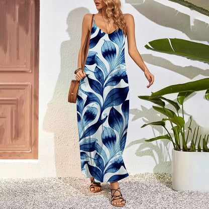 Robe longue grande taille à imprimé plumes – Robe d'été trapèze sans bretelles avec poches