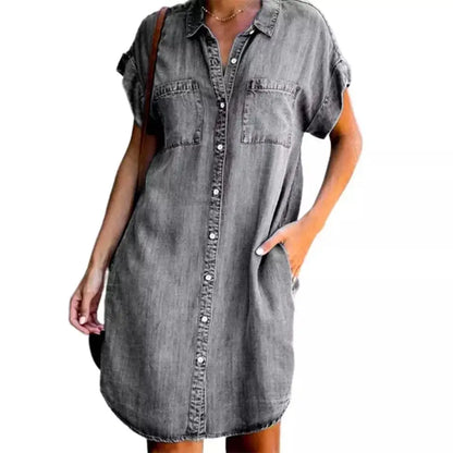 Women’s Casual Denim Shirt Dress – Summer Loose Fit Button-Down Dress with Pockets