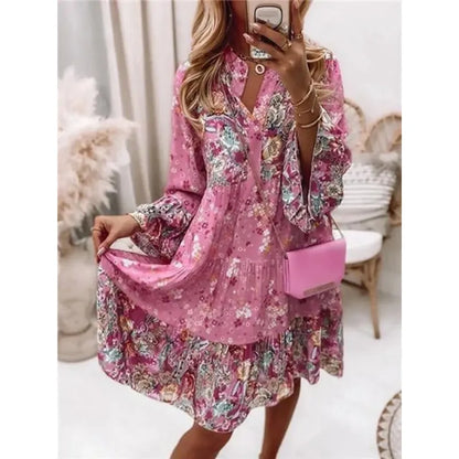 Boho V-Neck A-Line Dress – Summer Loose Printed Beach Party Dress