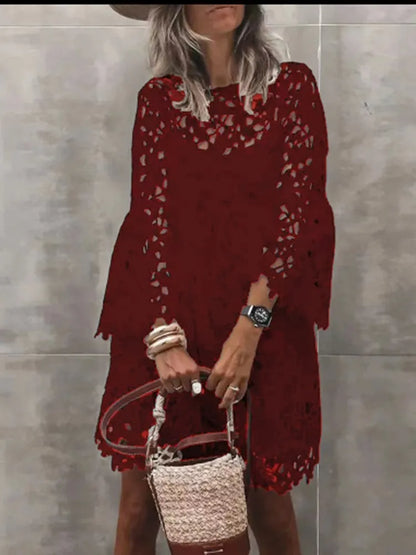 Lace Hollow Floral Dress – Elegant Long Sleeve Knee-Length Autumn Dress