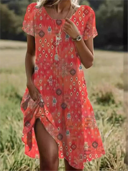 Bohemian Floral Print Dress for Women – Casual Short Sleeve O-Neck Summer Beach Holiday Dress