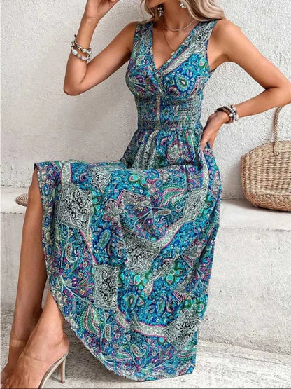 Robe longue bohème sans manches pour femme – Taille élastique et imprimé estival
