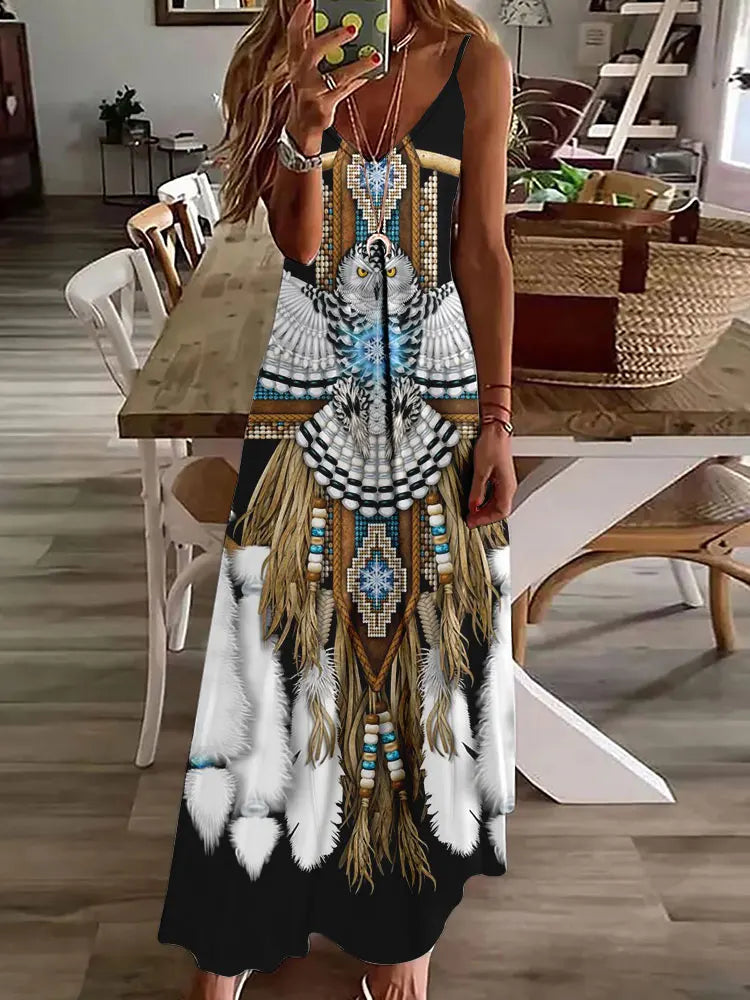 Robe longue à imprimé hibou tribal – Robe d'été vintage sans manches à bretelles spaghetti