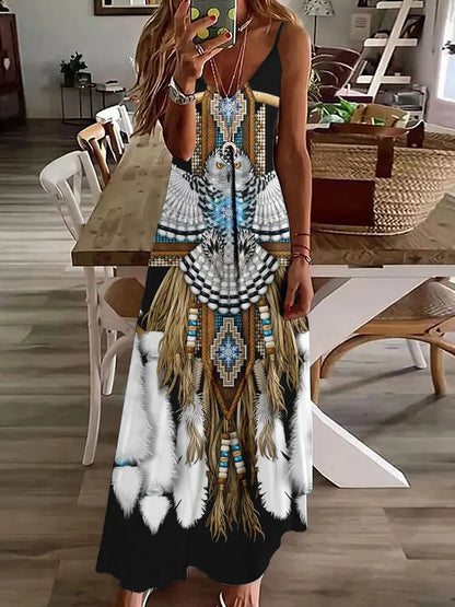 Robe longue à imprimé hibou tribal – Robe d'été vintage sans manches à bretelles spaghetti