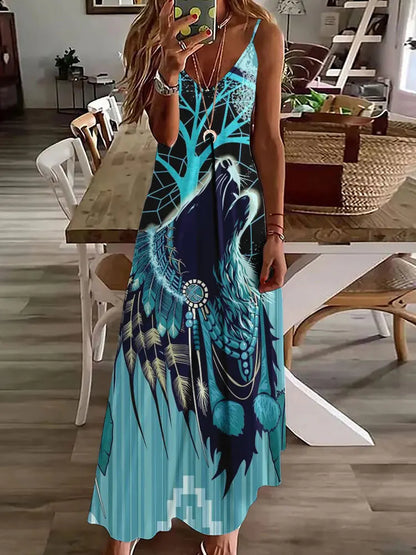 Robe longue à imprimé hibou tribal – Robe d'été vintage sans manches à bretelles spaghetti