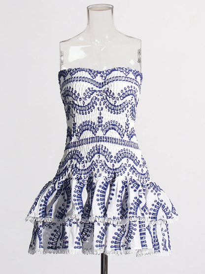 Designer Women’s Strapless Mini Dress – High Waist A-Line Dress with Ruffle Hem