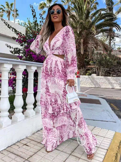 Nuevo vestido de fiesta de verano europeo y americano: elegante vestido de mujer con mangas largas, estampado y calado.