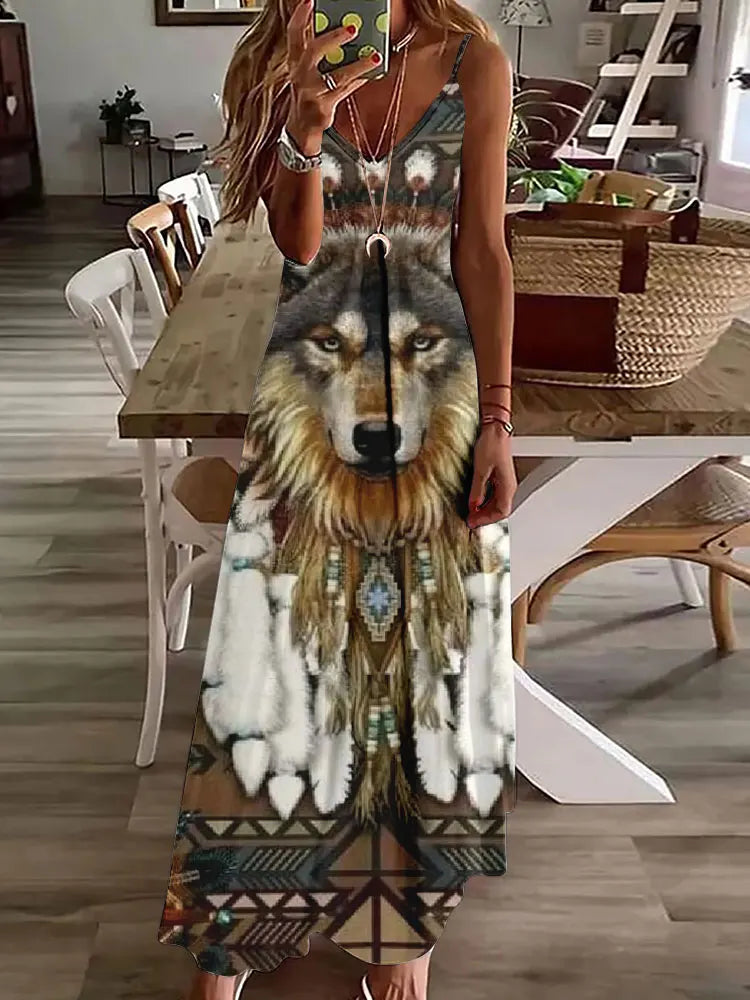 Robe longue à imprimé hibou tribal – Robe d'été vintage sans manches à bretelles spaghetti