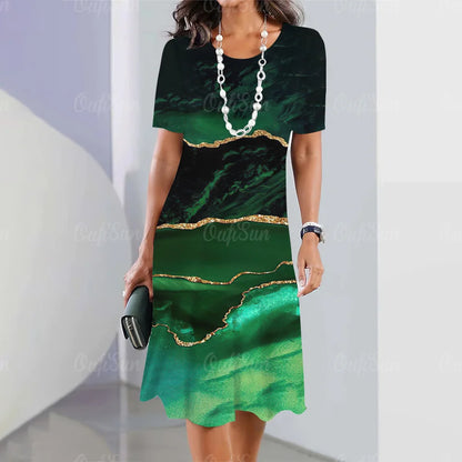 New Women’s Plus Size Midi Dress – Elegant Graphic Print Summer One-Piece