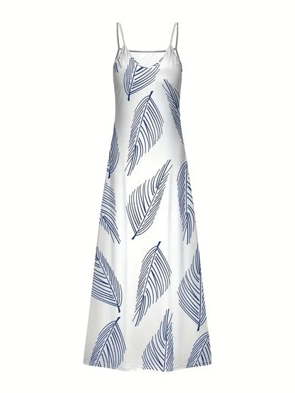 Robe longue à imprimé hibou tribal – Robe d'été vintage sans manches à bretelles spaghetti