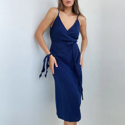 Vintage Women’s 100% Cotton Crepe Gauze V-Neck Sleeveless Bandage Long Maxi Dress