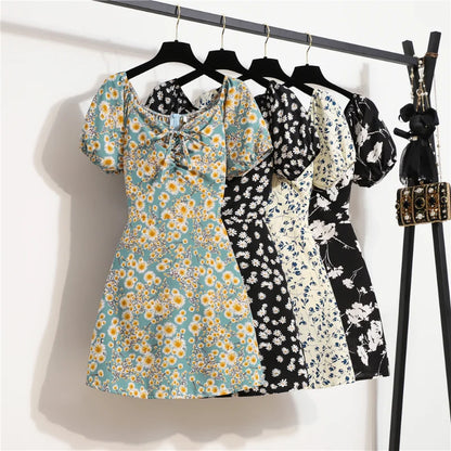 Women’s Summer Mini Dress – Floral Print Chiffon Shirring Pleated Puffy Sleeve Dress