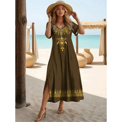 Robe longue fendue style bohème d'été – Robe pull à manches courtes et col en V pour femme