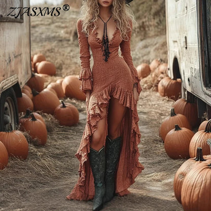 Ethnic Retro Ruffle Maxi Dress – V-Neck Slim Fit Boho Butterfly Sleeve Long Dress