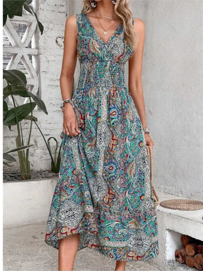 Boho Print Sleeveless Maxi Dress – Summer Beach Holiday Dress for Women