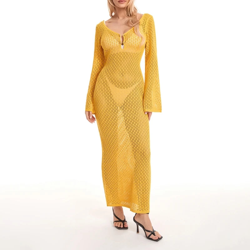 Long Knit Hollow-Out Deep V-Neck Beach Cover-Up