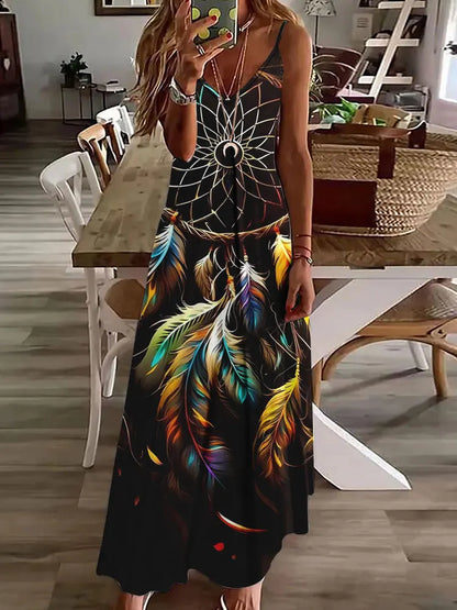 Robe longue à imprimé hibou tribal – Robe d'été vintage sans manches à bretelles spaghetti
