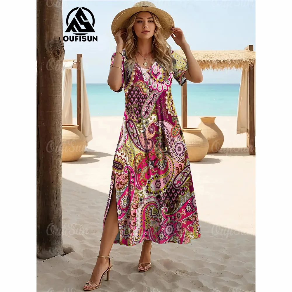 Elegant Women’s Vintage V-Neck Summer Dress – Loose Oversized Long Evening Dress